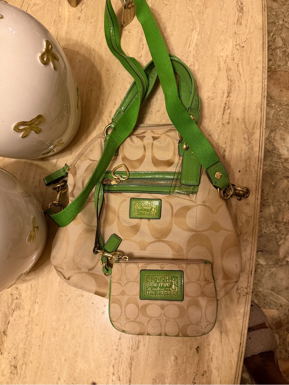 Coach Beige Signature Canvas Shoulder Bag with Bright Green Trim